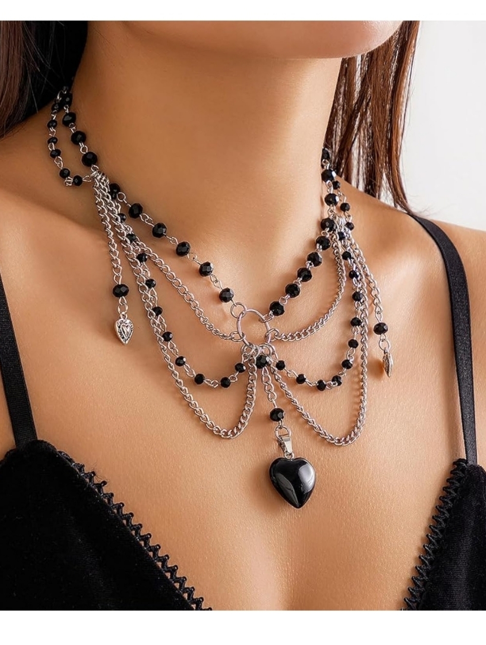 Layered Black Heart Pendant Choker Necklace - Women Jewelry